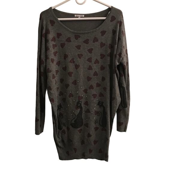 DJ & Juju Sweaters - DJ & Juju Black Cat & Red Heart Pullover Tunic Sweater Size XL